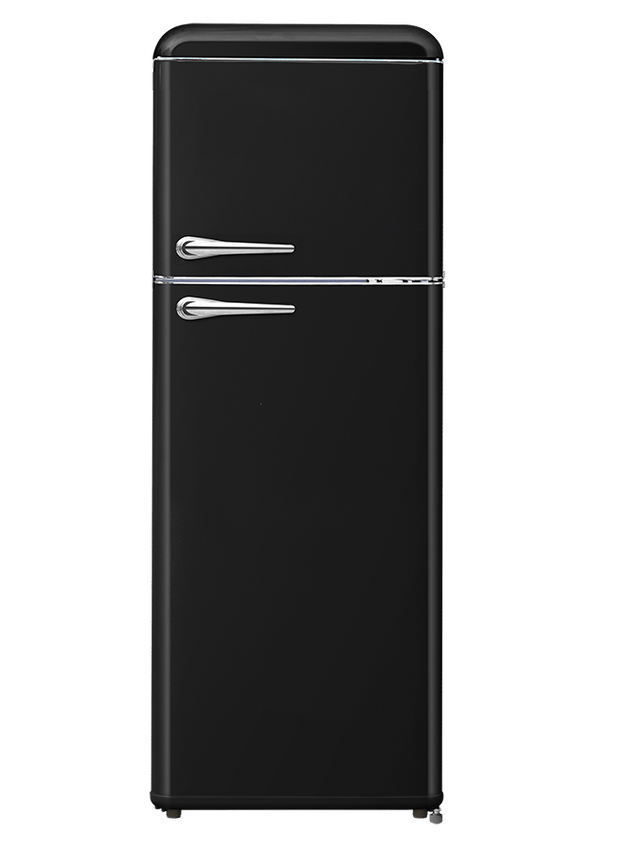 FR300VB – Vintage retro 2-door refrigerator with freezer compartment, mechanical control, retro metal handle, and black finish.