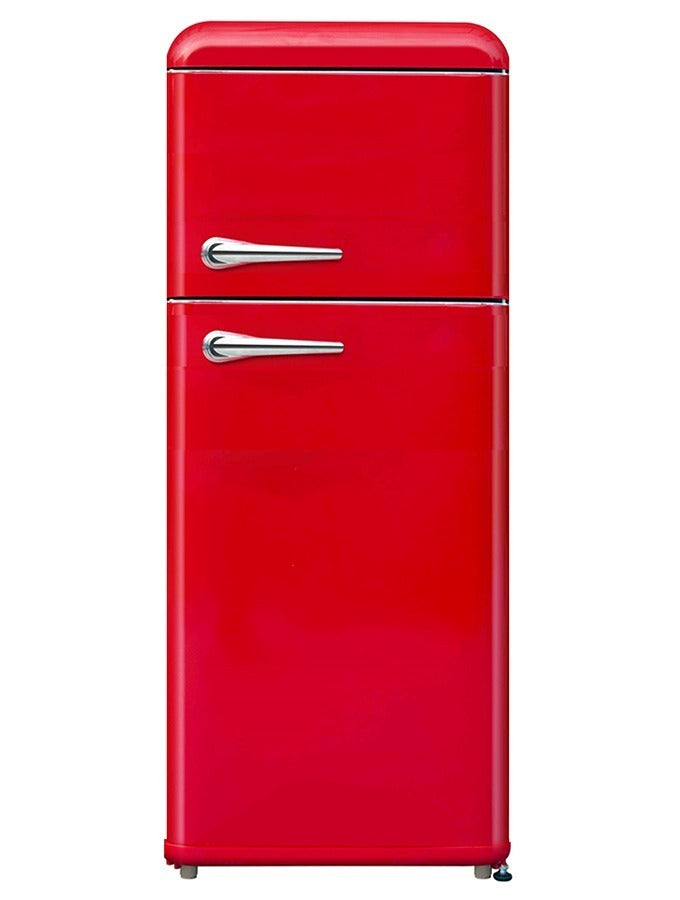 FR300VR – Vintage retro 2-door refrigerator with freezer compartment, mechanical control, retro metal handle, and red finish.