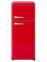 FR300VR – Vintage retro 2-door refrigerator with freezer compartment, mechanical control, retro metal handle, and red finish.