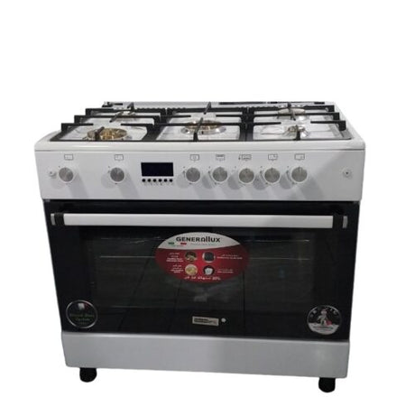 General Matic GE-9056BRWH Gas Cooker – 5 Burners, White Brass, Digital Control, Convection Fan, Rotisserie