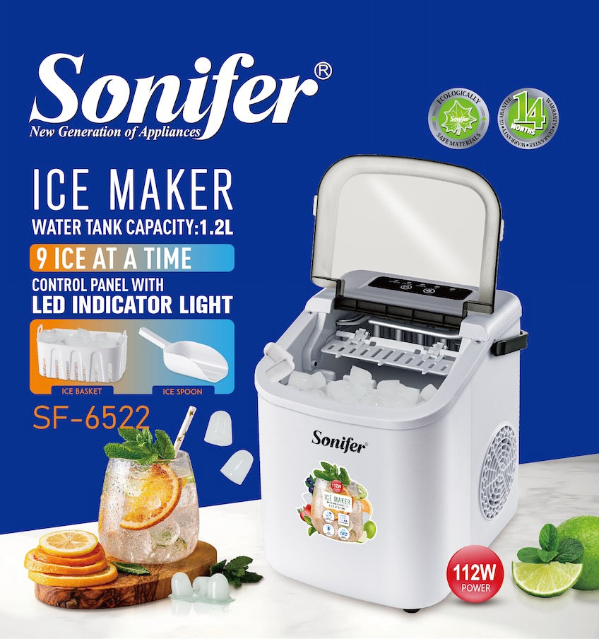 Ice maker Sonifer original, 112 watts(0.5A), 9 ice  at a time, 12KG per day