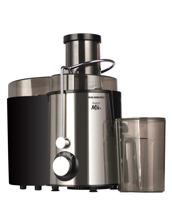Fruit and vegetable juicer Hausberg HB-7645, 600 W, 2 speeds + Turbo, pulp container 1 l, juice container 550 ml, push accessory, black + silver