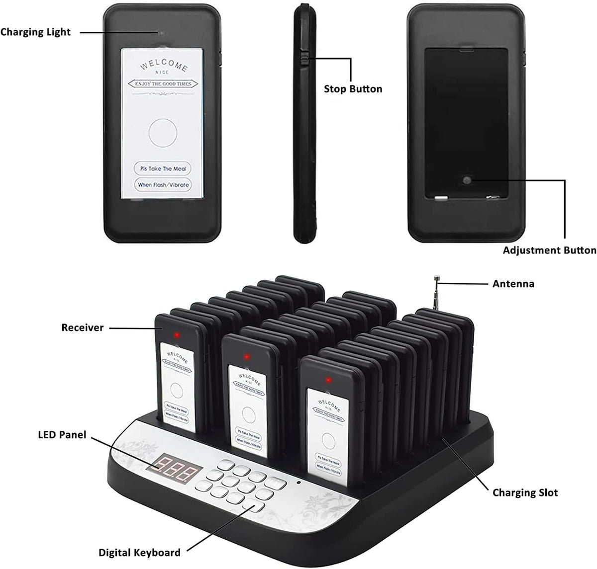 Wireless Pager System Food Buzzer- 30 Guest Queue Call Buzzers for Restaurants & Cafes
