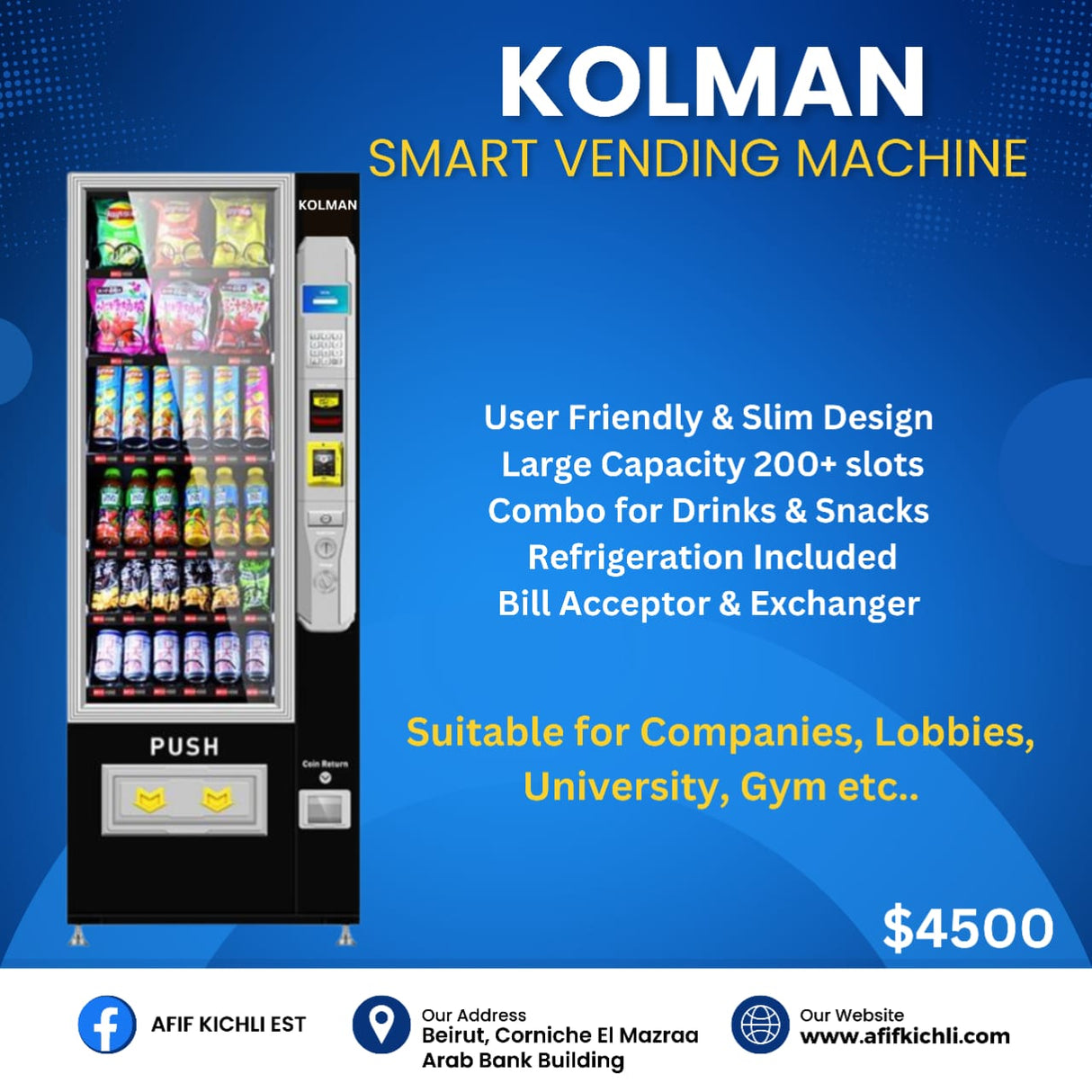 KOLMAN Vending Machine with 5” LCD screen, payment system, refrigeration, and 4G remote control