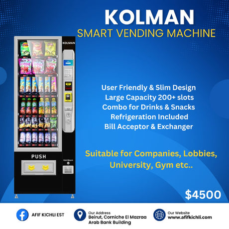 KOLMAN Vending Machine with 5” LCD screen, payment system, refrigeration, and 4G remote control