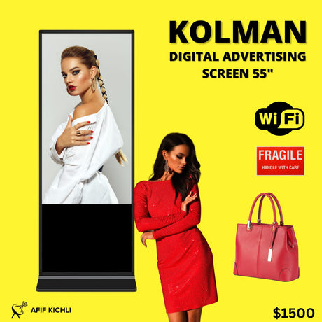 55” KOLMAN Standing Digital Display Screen with 1920x1080 TFT LCD, Android 9, Ethernet/WIFI, and built-in speaker.