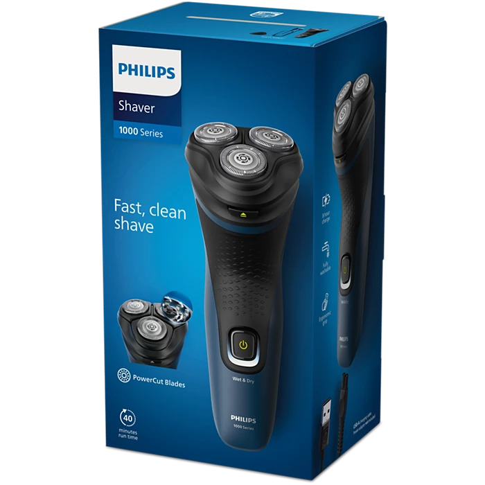 Blue waterproof Philips shaver with a 40-minute runtime