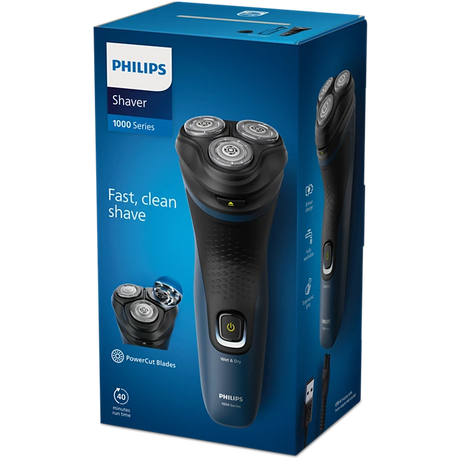 Blue waterproof Philips shaver with a 40-minute runtime