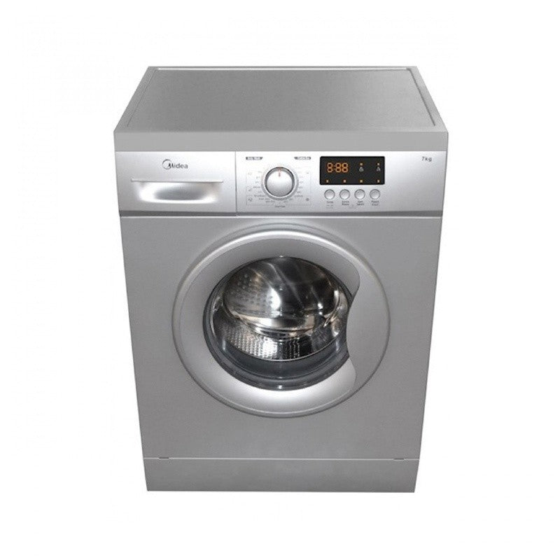 Midea MFE70-S1208 Front Load Washing Machine – 7kg Capacity, 1000 RPM, Silver Design, Digital Display, Auto Restart